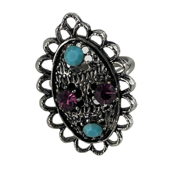 Vintage Purple & Blue Multi Stone Silver Tone Adjustable Ring - Picture 1 of 7